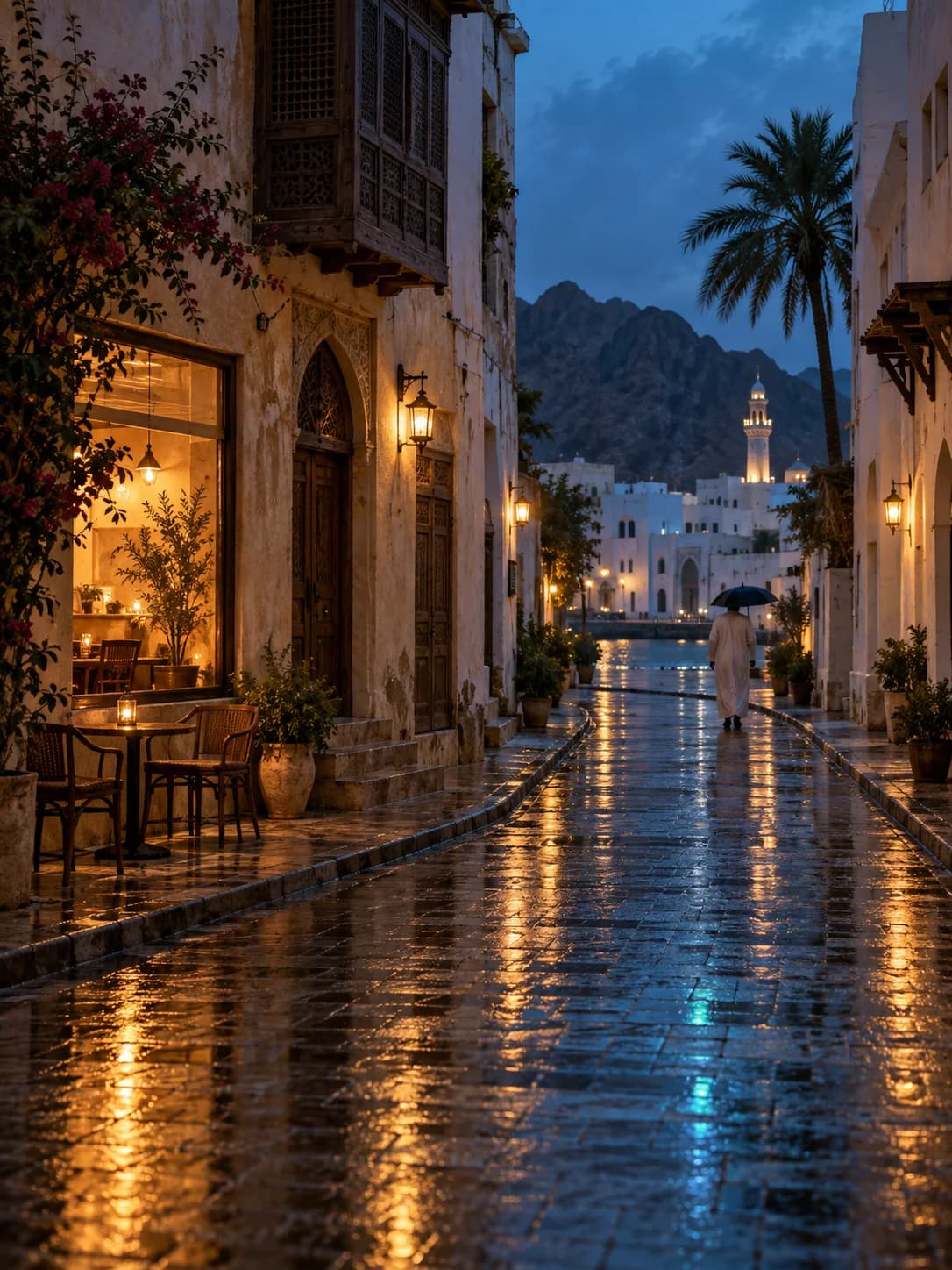 A city street after rain, shot at night from across the road.